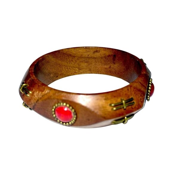 Vintage Two's Company Wooden Bangle Bracelet With Red Stone Accents & Brass Deta - Picture 1 of 5